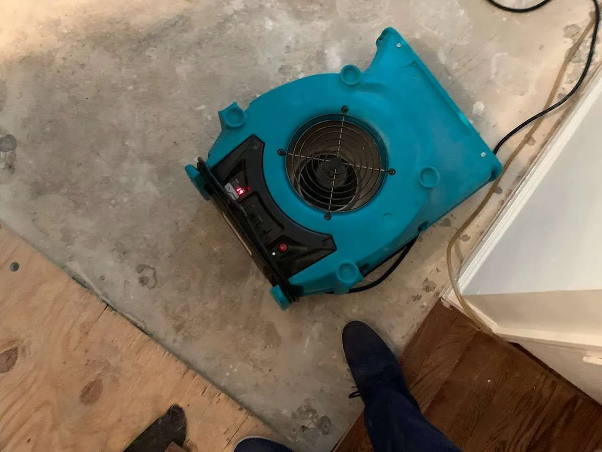 Air mover drying subfloor during Leak Detection & Repair in Wright City